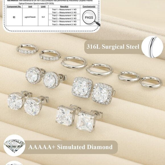 Hypoallergenic Surgical Steel CZ Earrings Set - Big & Small Studs & Hoops in 18K - Picture 5 of 6
